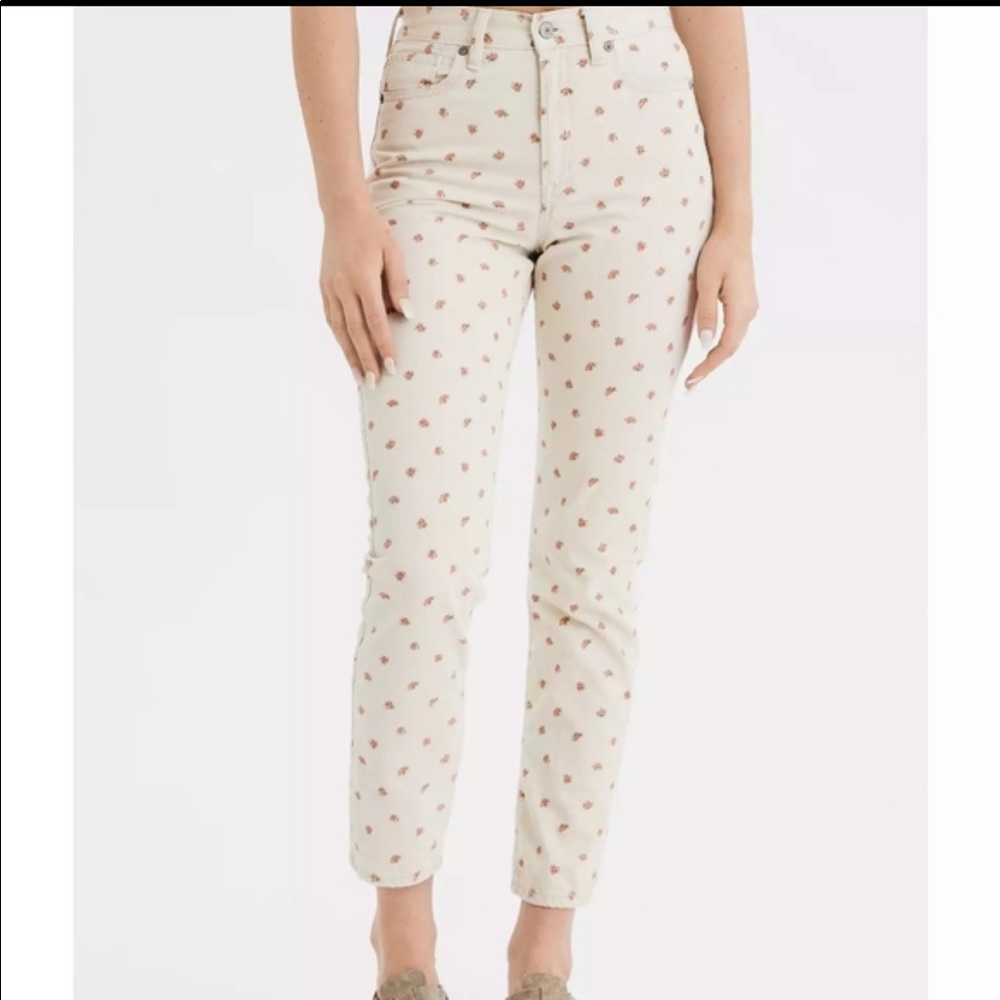 American Eagle Outfitters Cream Straight Leg Pants with Pink Floral Print